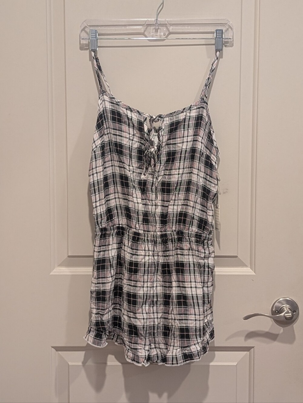 Forever 21 Black & White Plaid Lace-Up Cami Romper Size Medium